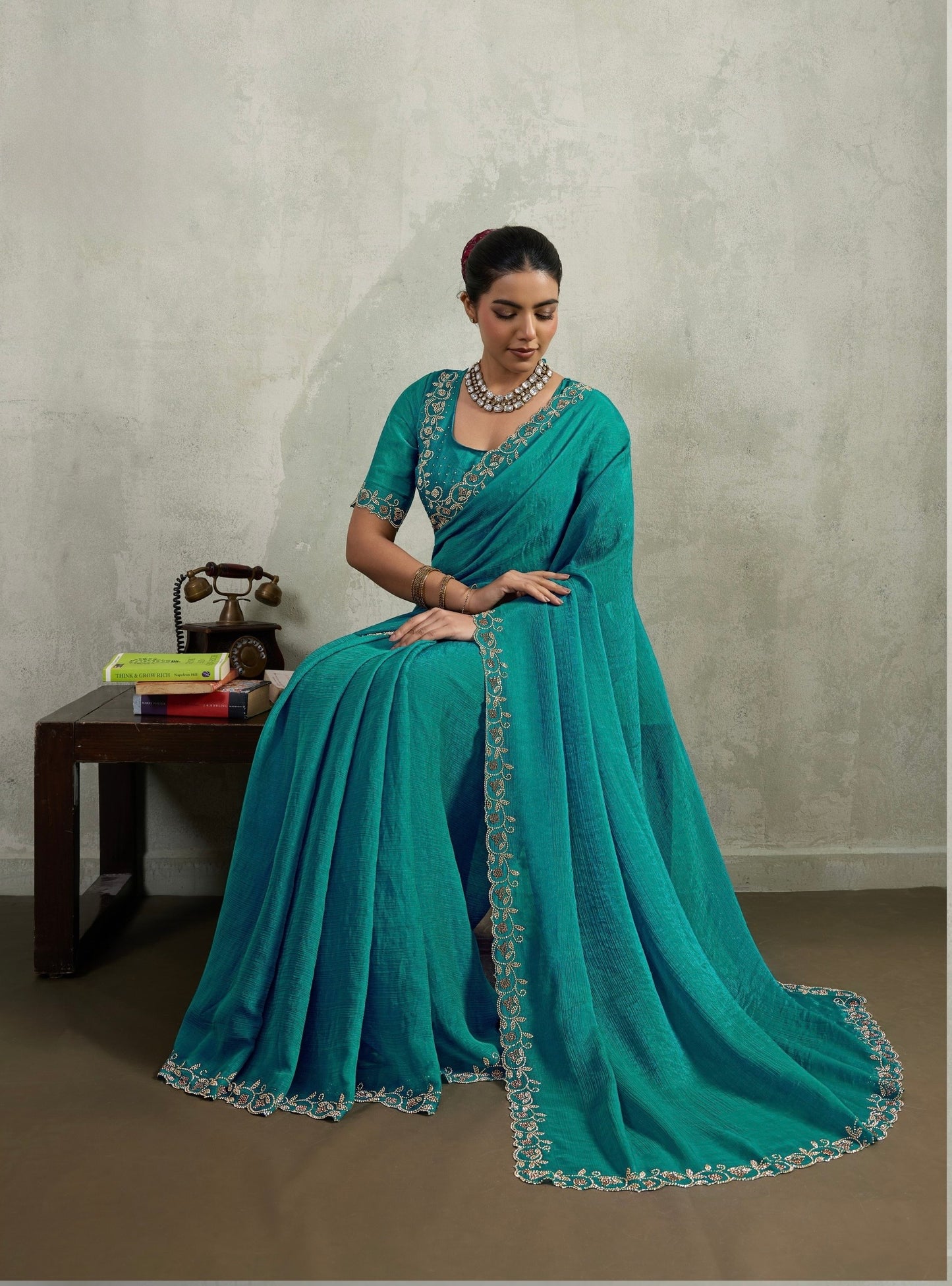 Velvet Chiffon Saree with Dual Tone Zarkan Work and Designer Blouse – Partywear Saree for Women