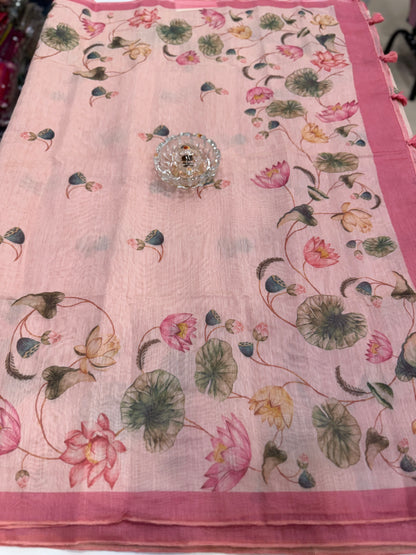 Cotton Chanderi Silk Floral Printed Saree with Blouse Piece