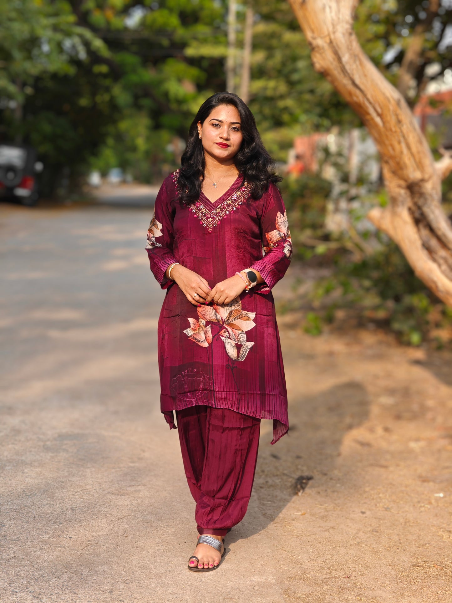 Viscose co-ord set for women with floral print and embroidery – fully stitched festive ethnic outfit