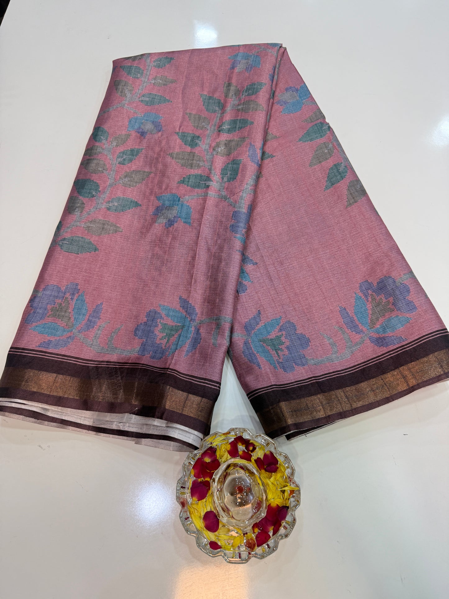 Raw tussar silk saree with smart floral design and soft marmo finish, printed border saree