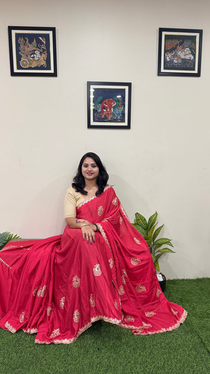 Pure Chinnon Saree with Embroidery, Work & Peacock Butta Motifs – Heavy Embroidered Blouse