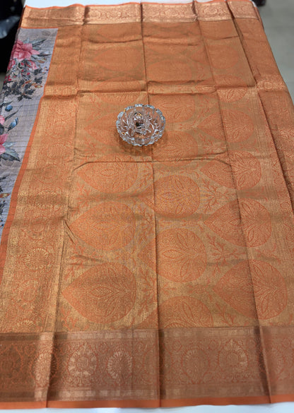 Printed handloom georgette saree for women with woven border and floral design