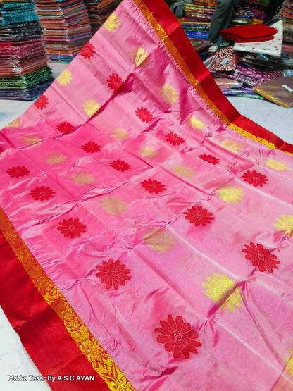 Matka Tussar Silk Saree with Golden Zari Weaving and Velvet Border