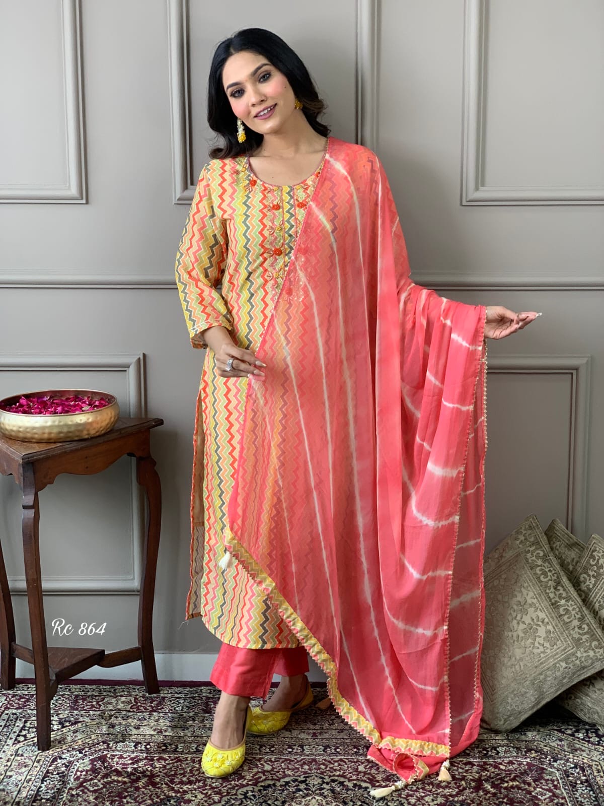 Chanderi Silk Digital Print Kurta Pant Dupatta Suit Set with Embroidery and Chiffon Dupatta – Sizes 38 to 44