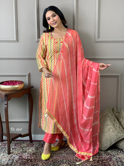 Chanderi Silk Digital Print Kurta Pant Dupatta Suit Set with Embroidery and Chiffon Dupatta – Sizes 38 to 44