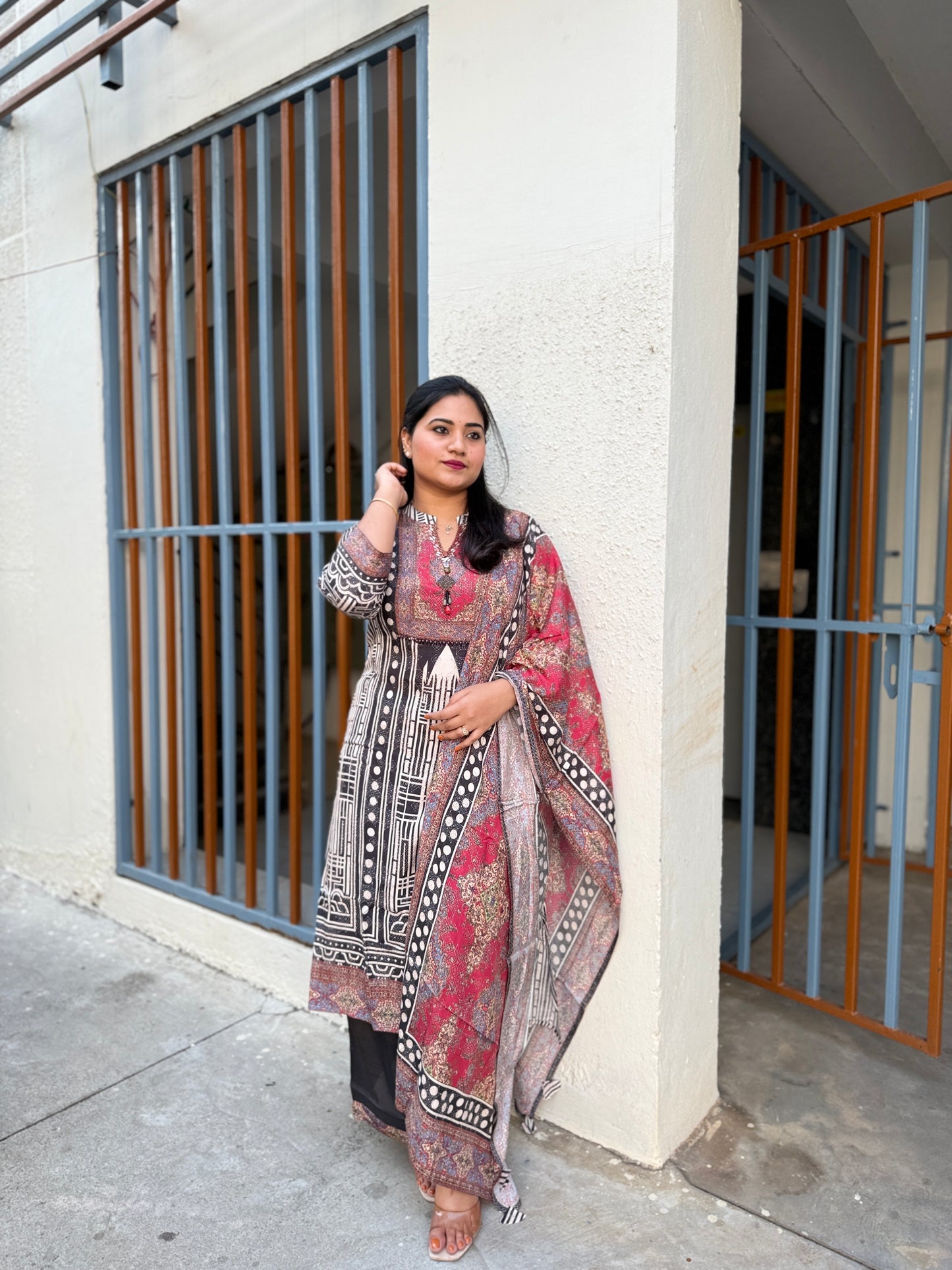 Viscose silk printed kurta pant dupatta set with ethnic motifs and mirror-style detailing for women
