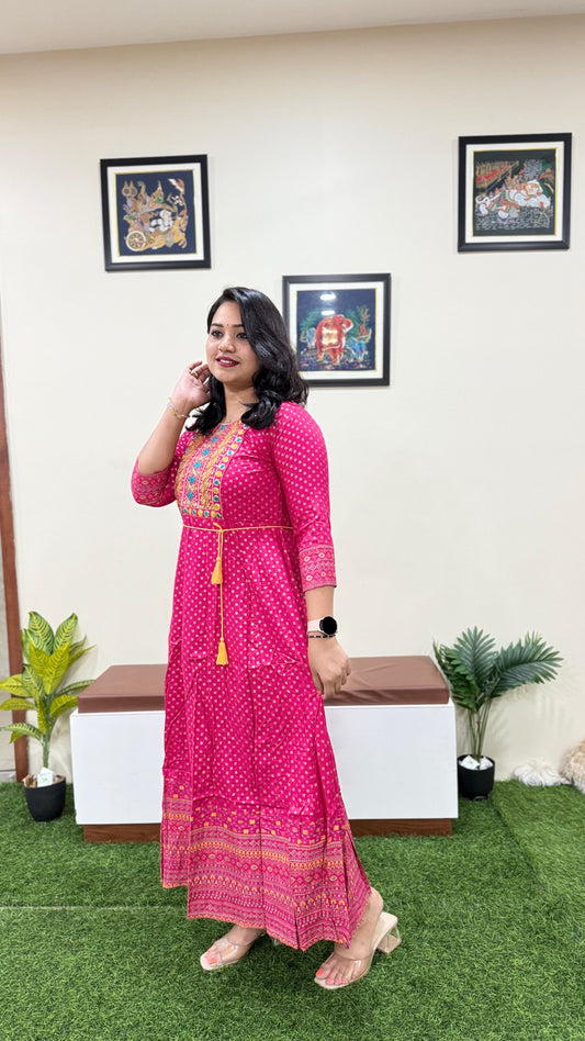 Rayon Foil Print Anarkali Gown with Embroidered Neck and Belt – Liva Tag – Sizes M to 3XL