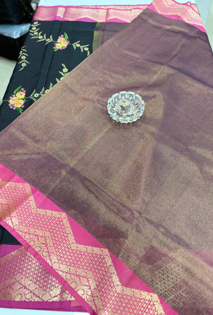 Banarasi kota silk saree with floral embroidery, contrast magenta zari border and matching blouse piece for women