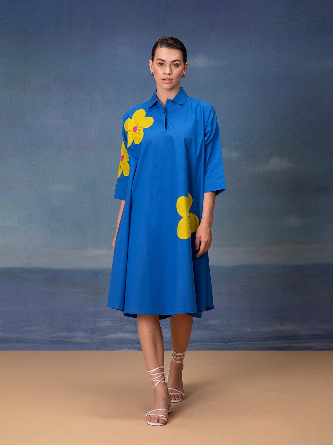 Poplin Cotton Applique Midi Dress with Bold Floral Motifs – Women’s Casual Wear (M to XL)