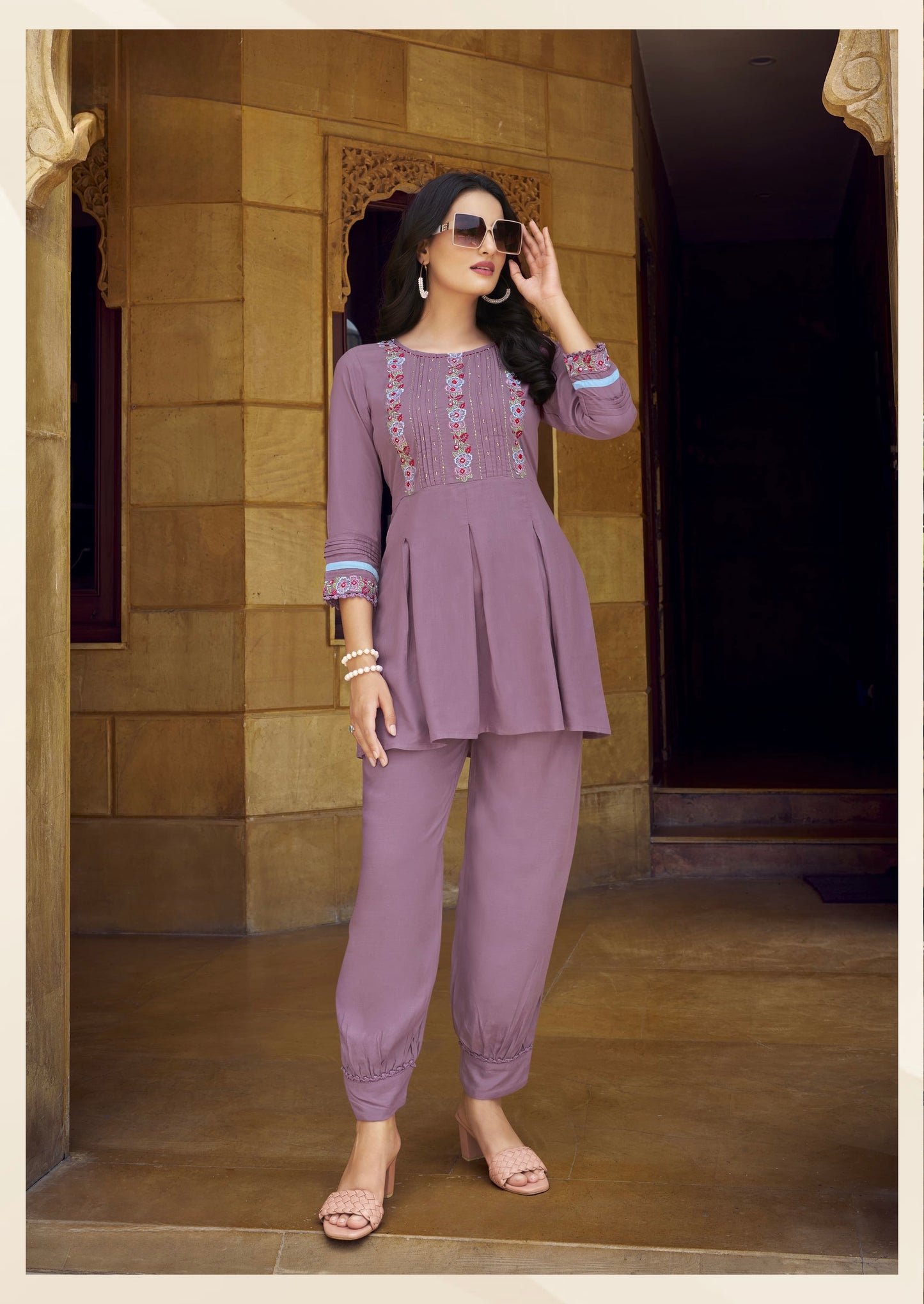 Viscose rayon co-ord set for women with short kurti and Afghani pant in thread and handwork – ethnic fusion wear