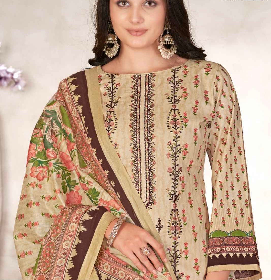 Unstitched Pure Cotton Cambric Suit Material with Self Embroidery and Mal Mal Dupatta