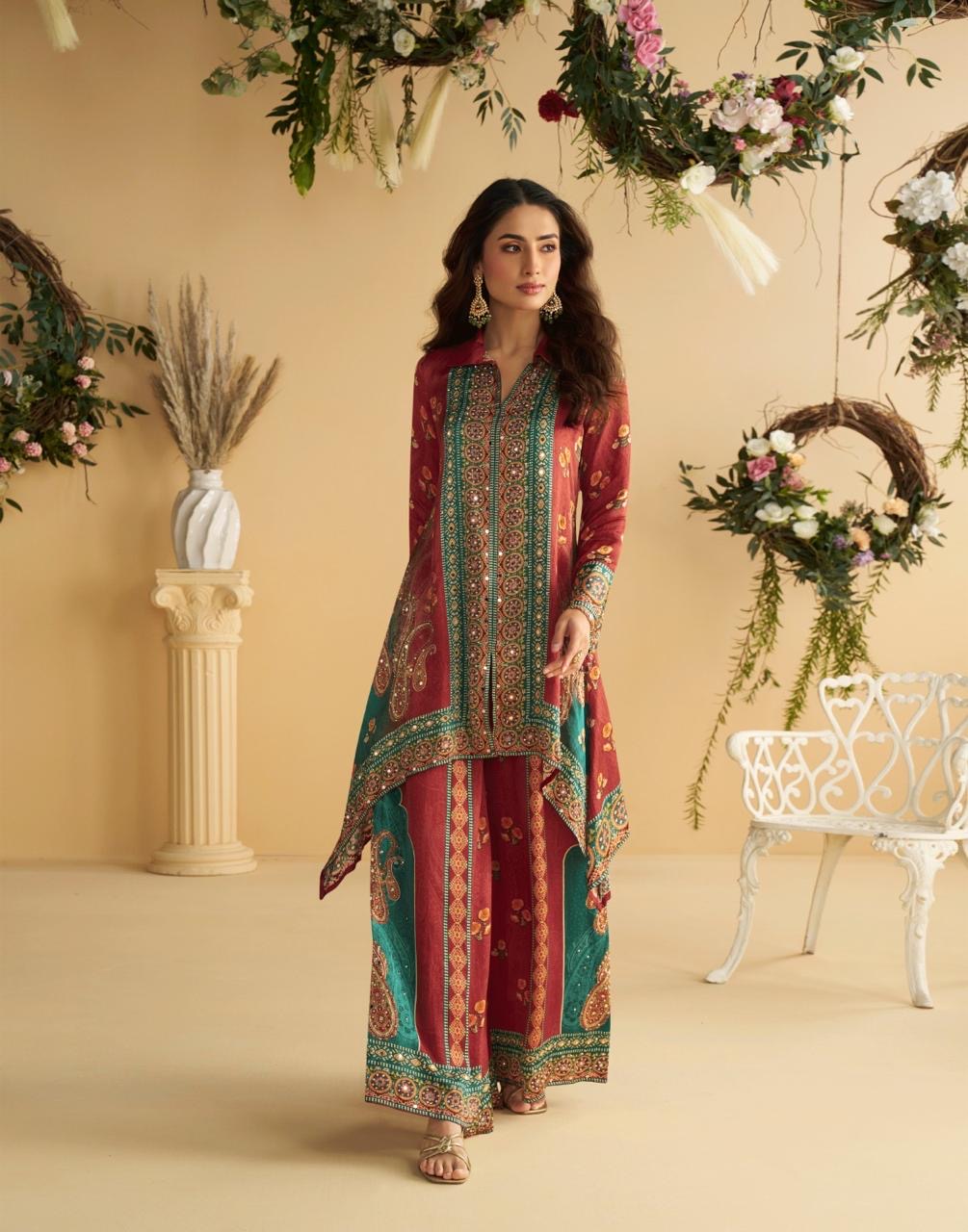 Crepe Silk Digital Printed Co-Ord Set with Mirror Work for Women – Festive Wear Kurta Pant Set