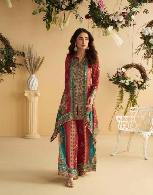 Crepe Silk Digital Printed Co-Ord Set with Mirror Work for Women – Festive Wear Kurta Pant Set