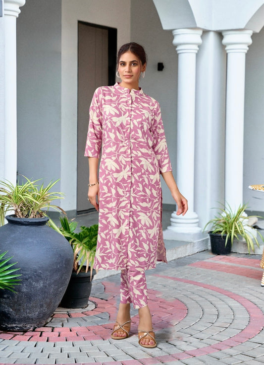 Heavy Viscose Printed Co-Ord Set with Mandarin Collar, Button Detailing, and Side Pocket – Ethnic Wear for Women (XL to 3XL)