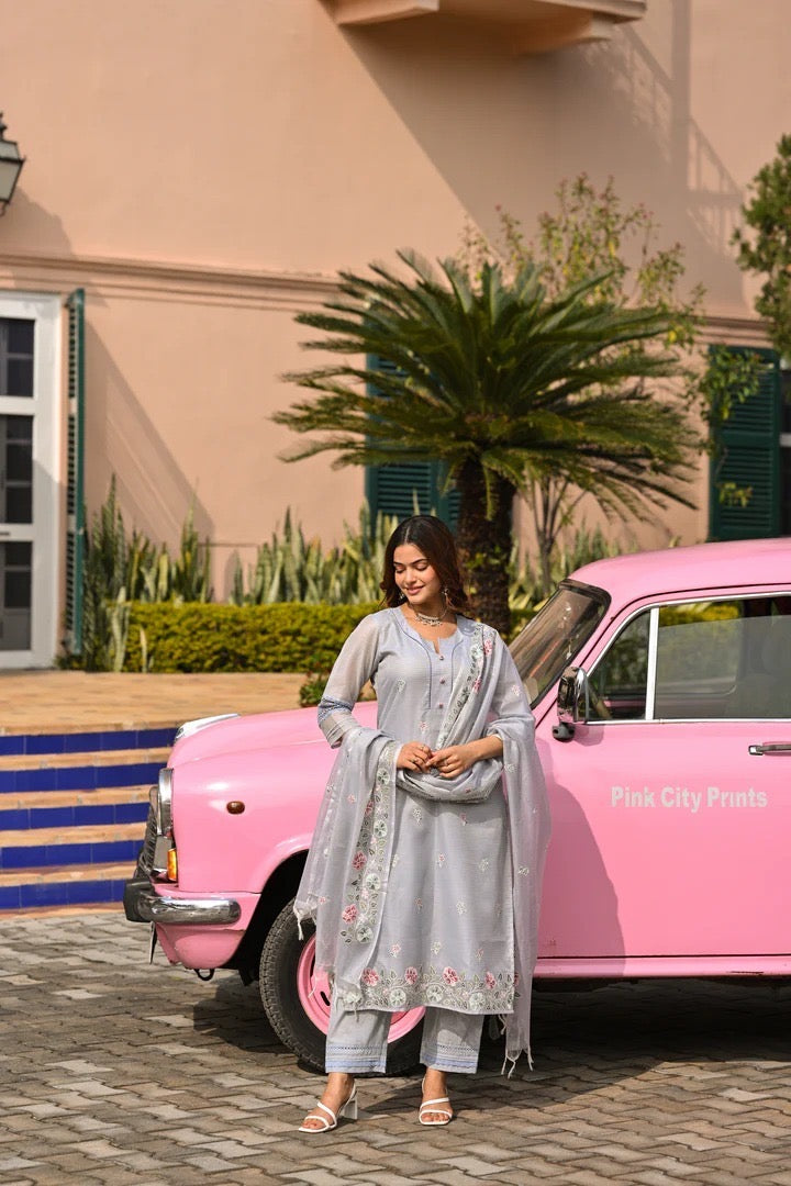 Kota Doria Embroidered Suit Set with Dupatta for Women – Light Grey, Kurta Pant Dupatta