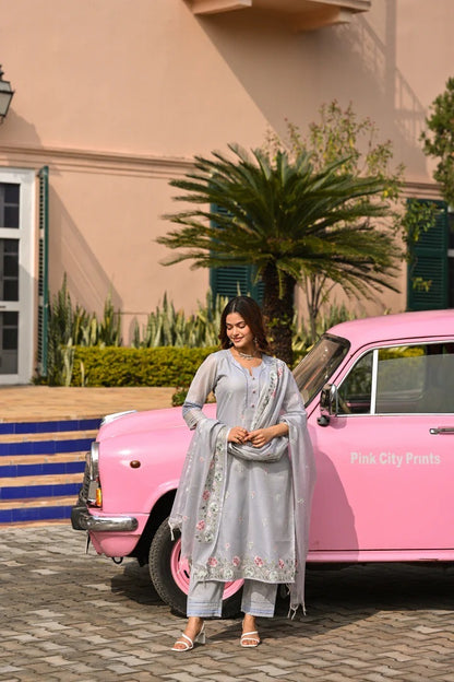 Kota Doria Embroidered Suit Set with Dupatta for Women – Light Grey, Kurta Pant Dupatta