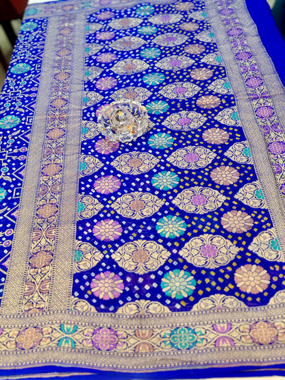 Banarasi Pure Georgette Bandhani Saree with Golden Zari Jaal and Meenakari Work – Bridal Wear