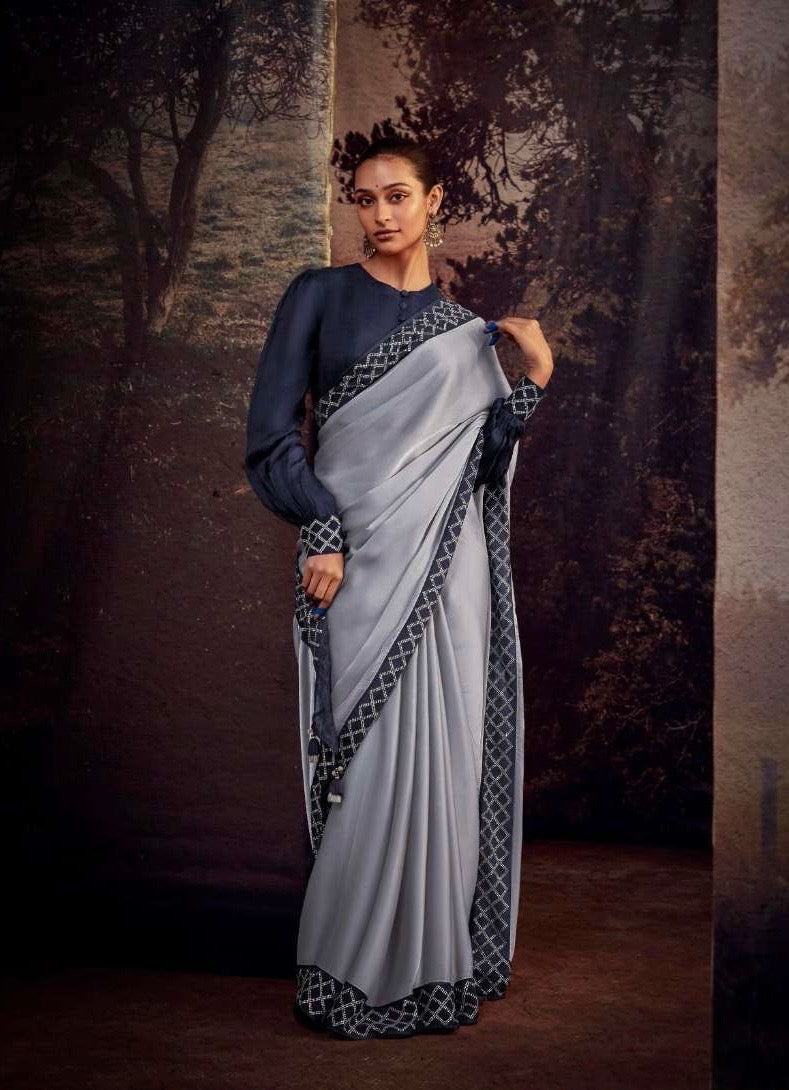 Organza Tissue Silk Saree with Embroidery or Swarovski Work and Heavy Designer Blouse – Wedding and Festive Wear for Women