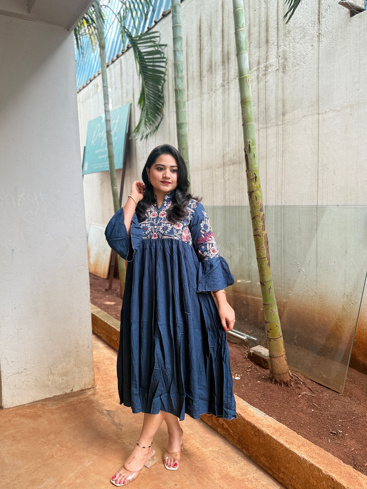 Embroidered Teal Cotton Long Kurta Dress with Yoke and Sleeve Embroidery for Women