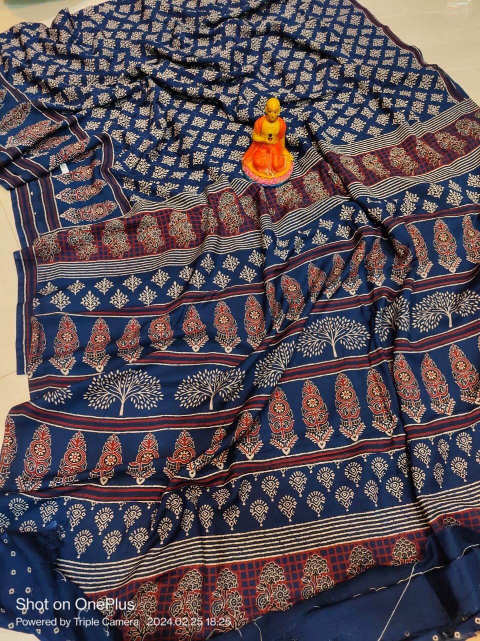 Semi Modal Silk Saree with Hand Block Prints and Contrast Blouse for Women