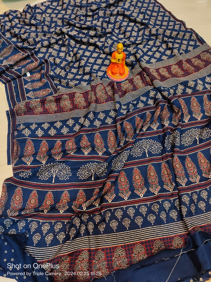 Semi Modal Silk Saree with Hand Block Prints and Contrast Blouse for Women