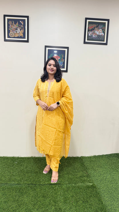 Cotton Handloom Straight Cut Kurta Pant Dupatta Set with Embroidery – Plus Sizes XL to 3XL