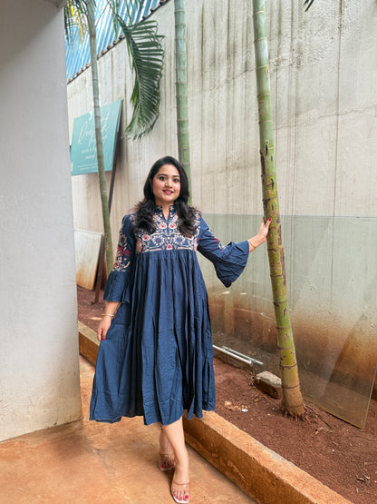 Embroidered Teal Cotton Long Kurta Dress with Yoke and Sleeve Embroidery for Women