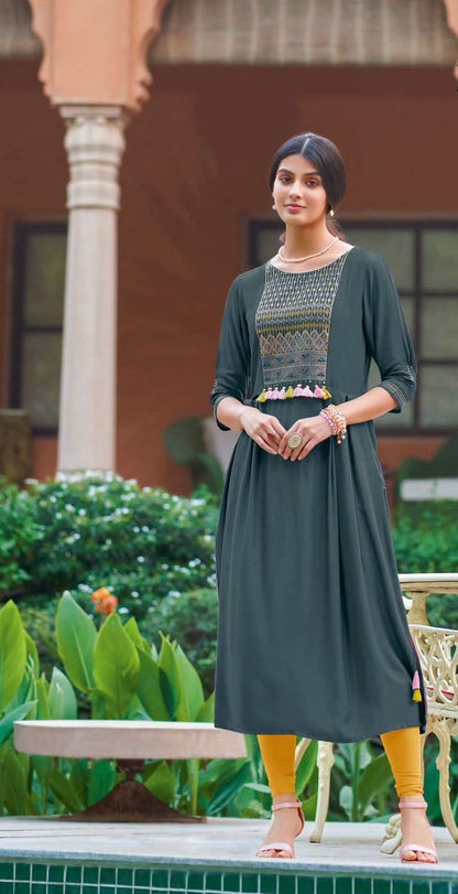 Rayon Printed Kurti with Embroidery and Handwork for Women – XXL & XXXL