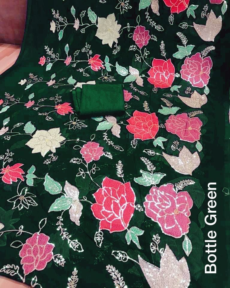 Soft Georgette Party Wear Saree with Colorful Thread Embroidery and Sequence Work for Women