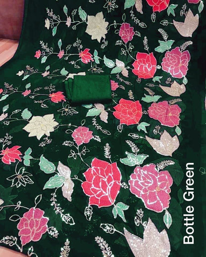 Soft Georgette Party Wear Saree with Colorful Thread Embroidery and Sequence Work for Women