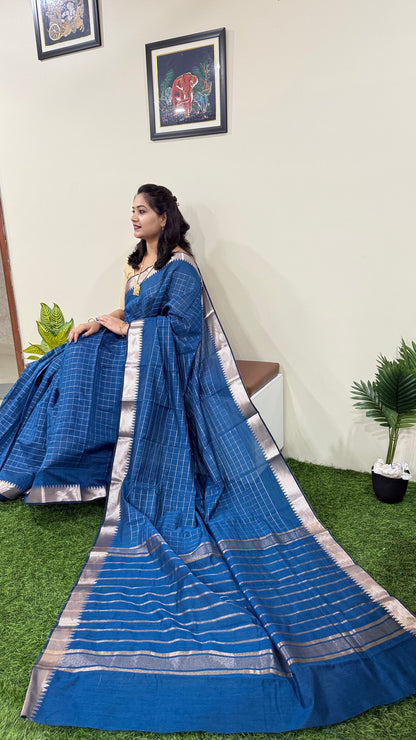 Mangalgiri Soft Semi Tussar Silk Saree with Check Pattern and Blouse Piece for Women – Lightweight Drape