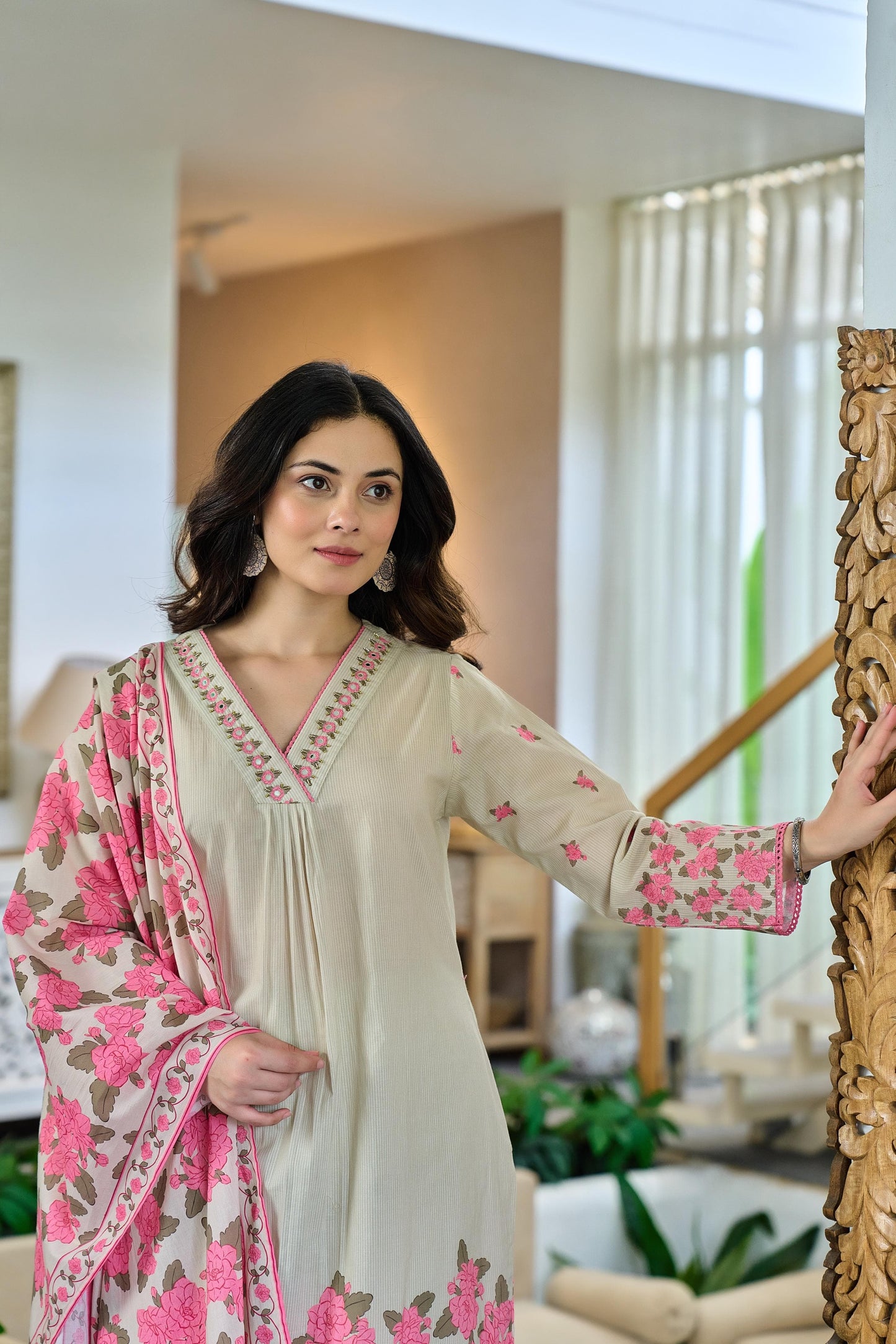 Cotton Kurta Pant Dupatta Set with Handcrafted Yoke Detailing for Women