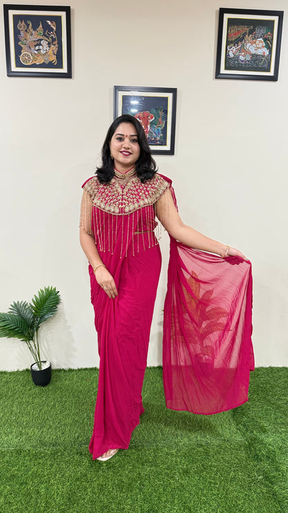 Pre-Draped Georgette Saree with Stitched Crop Top and Hand-Embroidered Cape – Ready-to-Wear Set for Women