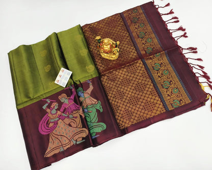 Pure Soft Silk Handloom Saree for Women – Double Warp Borderless Design with Gold Zari and Contrast Blouse