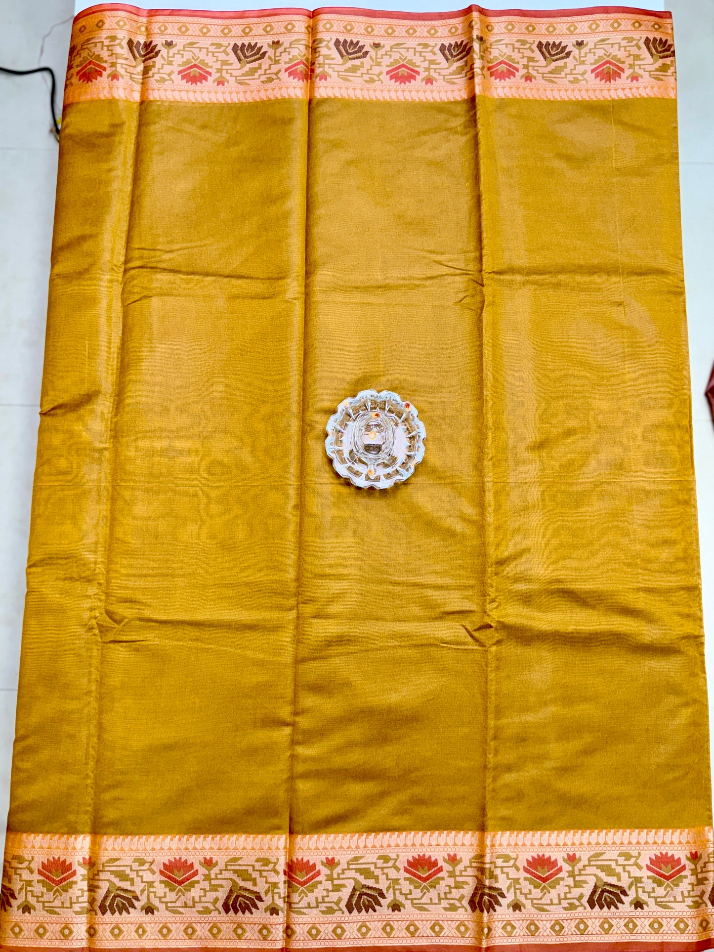 Semi Raw Silk Saree with Temple Border and Blouse – Handwoven Style Festive Wear