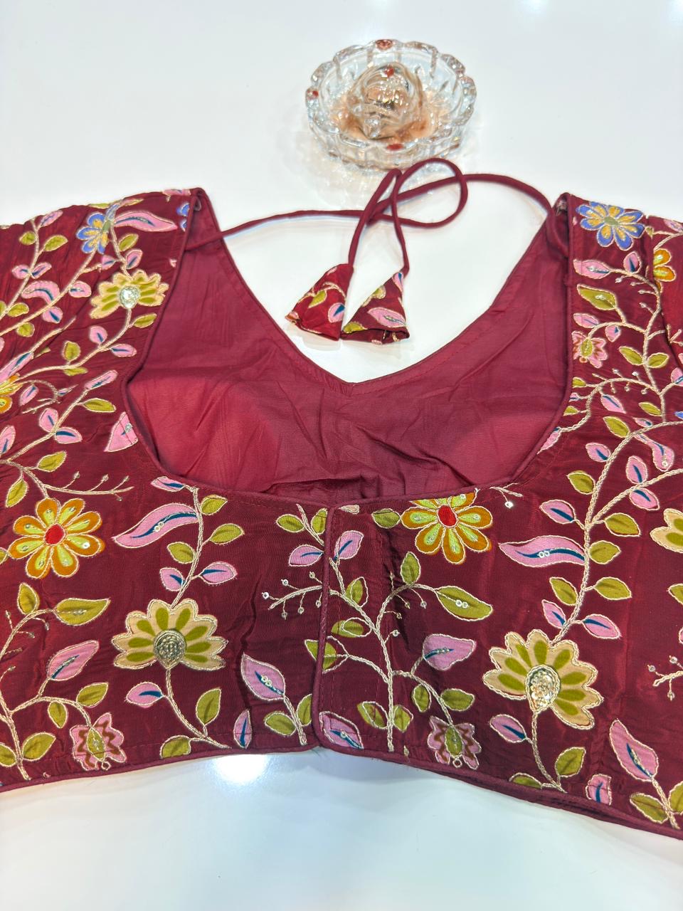 Pure silk embroidered readymade blouse for women, floral print, 3/4 sleeve, padded, size 38–42, 15 inch length