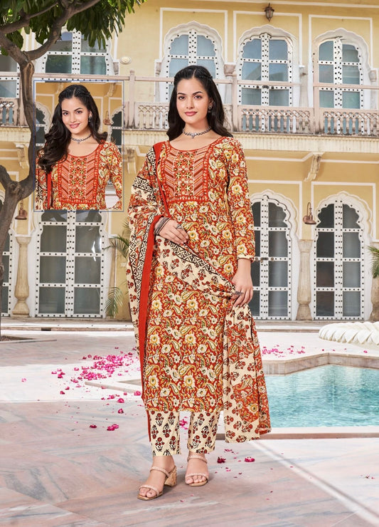 Cambric Cotton Embroidered Kurta Set with Pant and Malmal Dupatta for Women (L to 3XL)