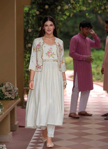 Pure Viscose Silk Gown Pant Set with Embroidered Organza Koti – Women’s Festive Ethnic Wear