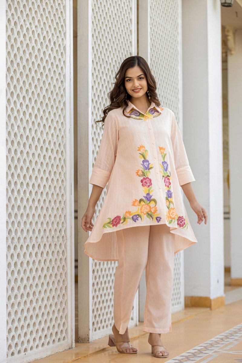 Cotton co-ord set for women with embroidered top and bottom – fully stitched ethnic casual wear