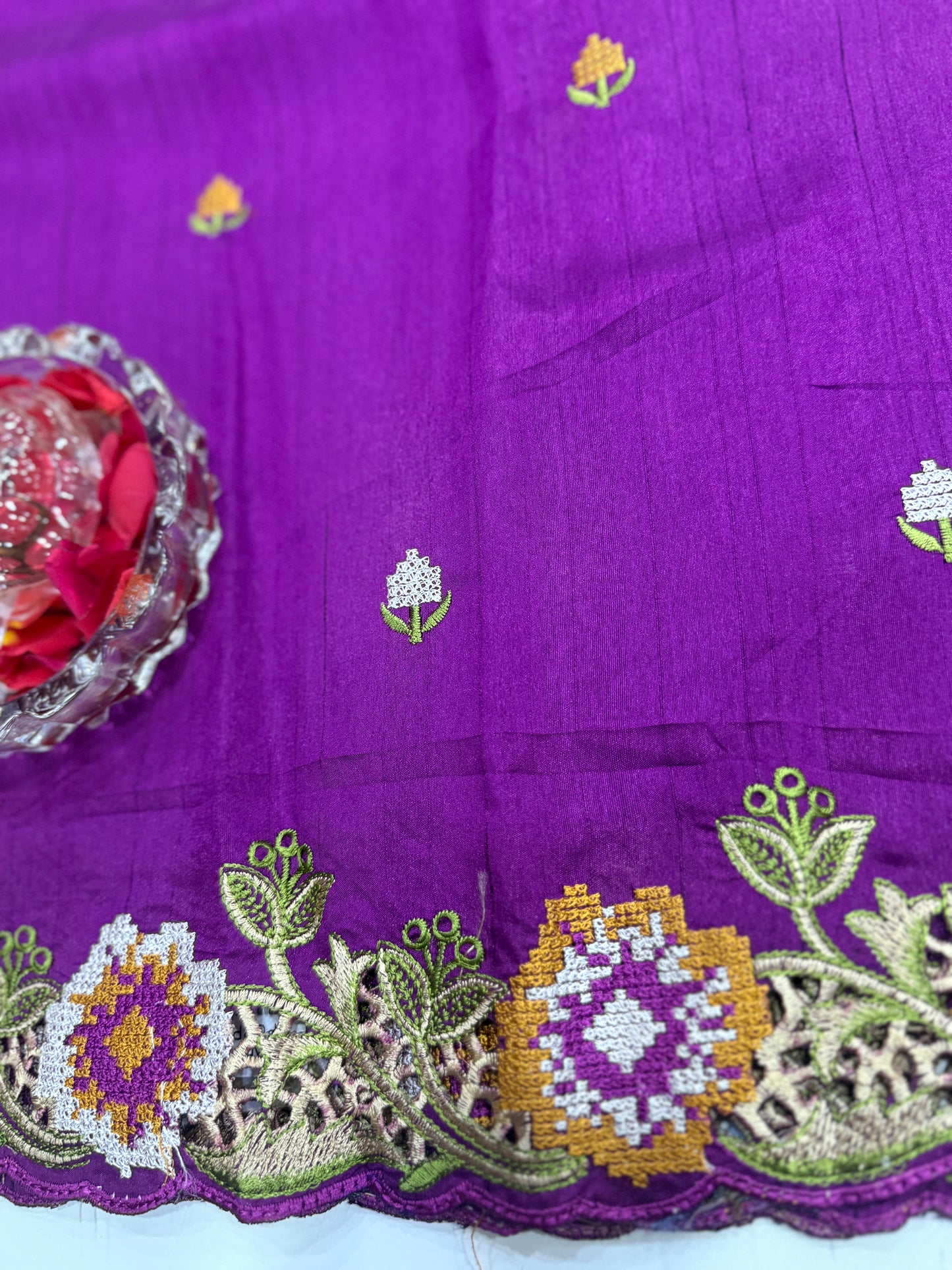 Matka Silk Saree with Embroidered Buttis, Cutwork Big Pallu, and All-Over Cutwork Panel