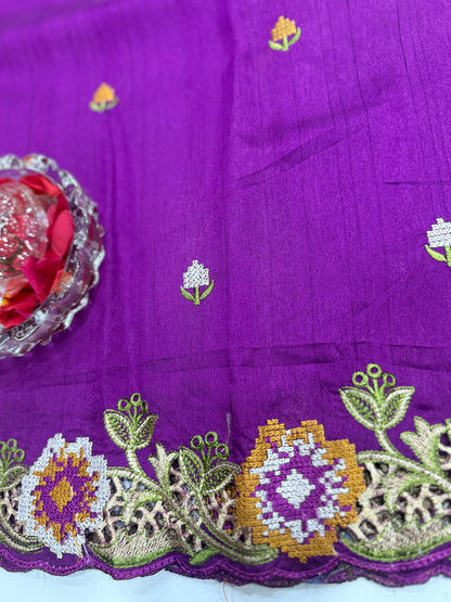 Matka Silk Saree with Embroidered Buttis, Cutwork Big Pallu, and All-Over Cutwork Panel