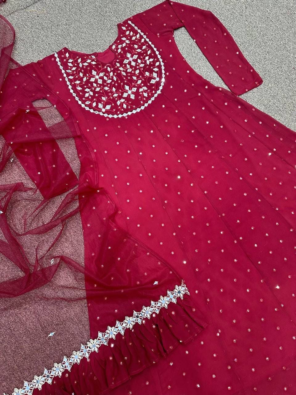 Faux Georgette Embroidered Gown with 5mm Sequins and Real Mirror Work – XL with XXL Margin – Dupatta Set