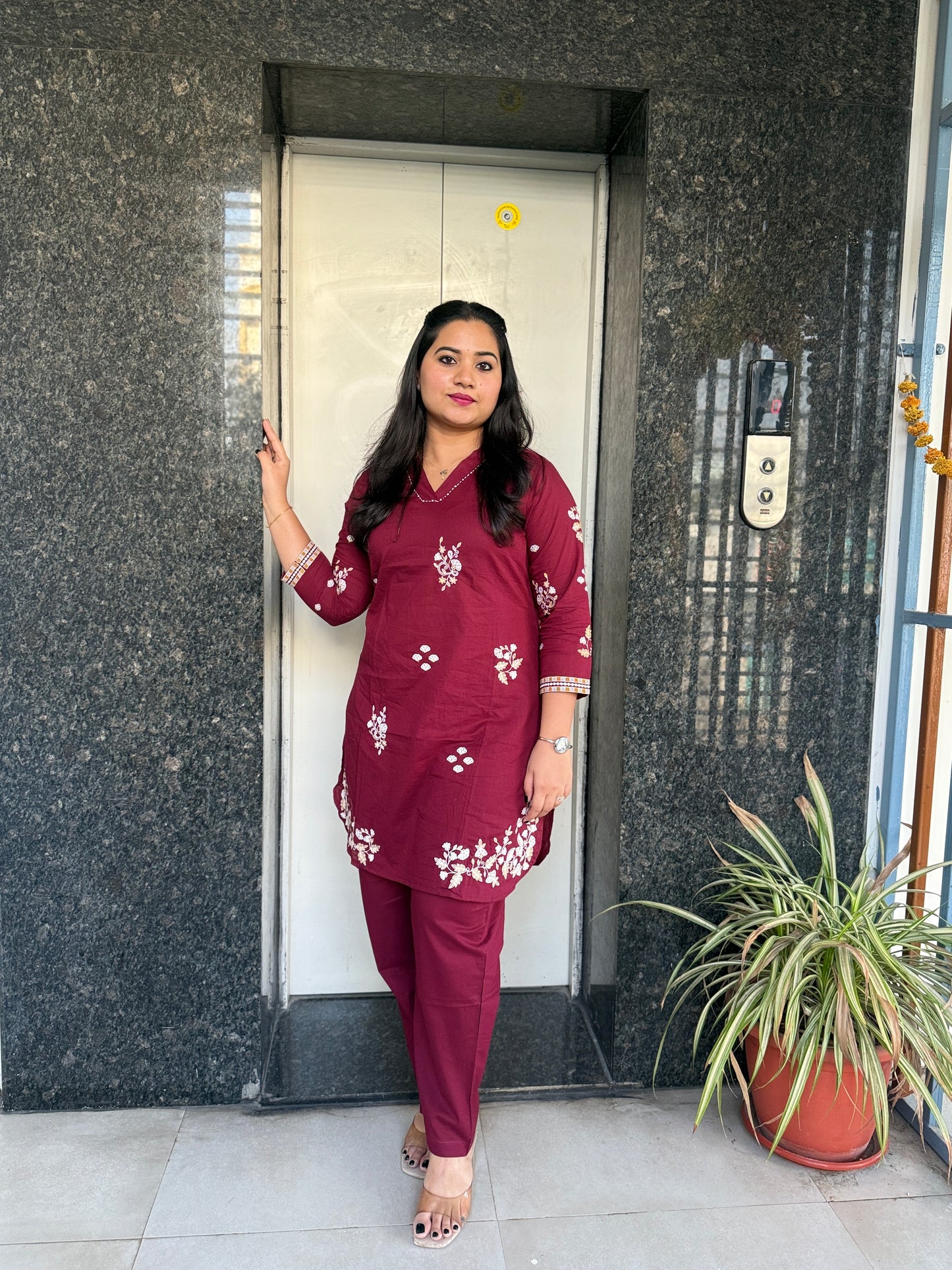 Cotton Co-ord Set for Women with Thread and Bead Embroidery – Shirt and Pant Set