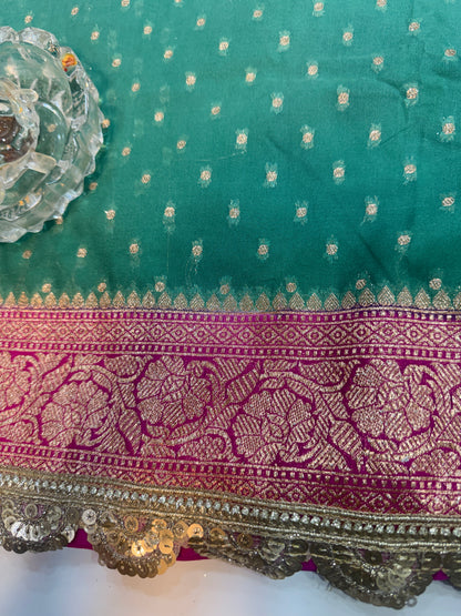 Women’s Banarasi semi-kaddi katan soft silk saree with zari booti weaving, lace border and rich pallu