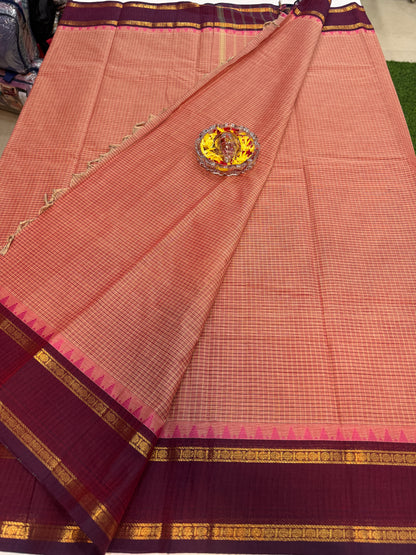 Kanchi cotton saree with checked putta design and zari thread border, 6.2m with running blouse, women’s traditional saree