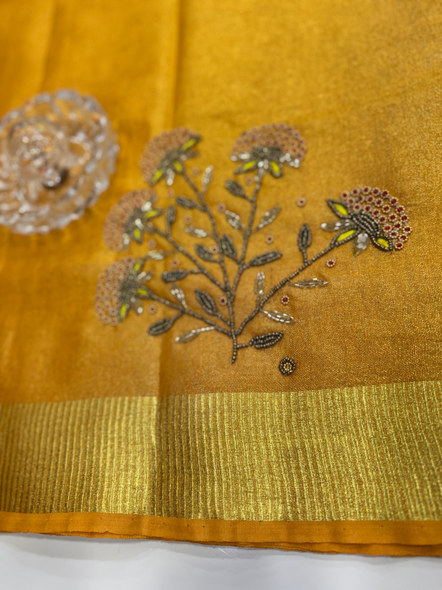 Pure Tissue 150 Count Linen Handloom Saree with Handwork and Running Blouse for Women