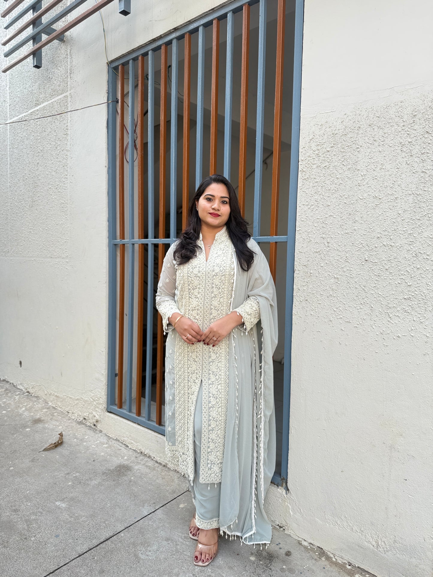 Women’s premium georgette embroidered stitched suit set with beads work and palazzo (XL)