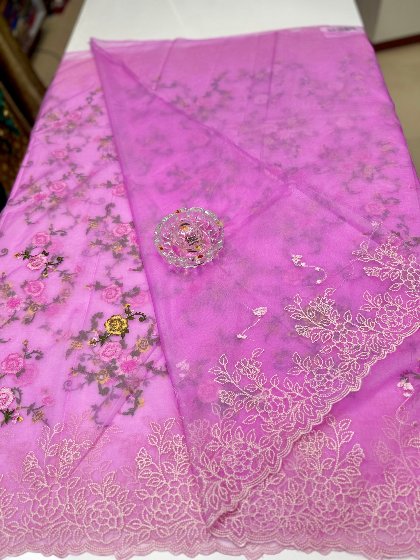 Kora Banarasi Saree with Floral Embroidery and Woven Border – Lightweight Festive Wear