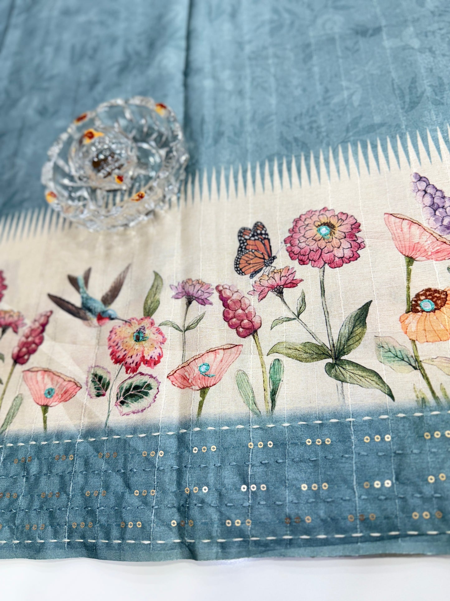 Tussar Fabric Saree with Katha Print Border, Mirror Work and Matching Blouse