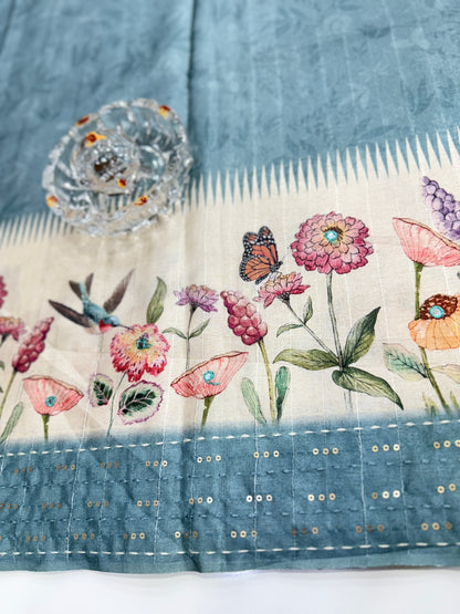 Tussar Fabric Saree with Katha Print Border, Mirror Work and Matching Blouse